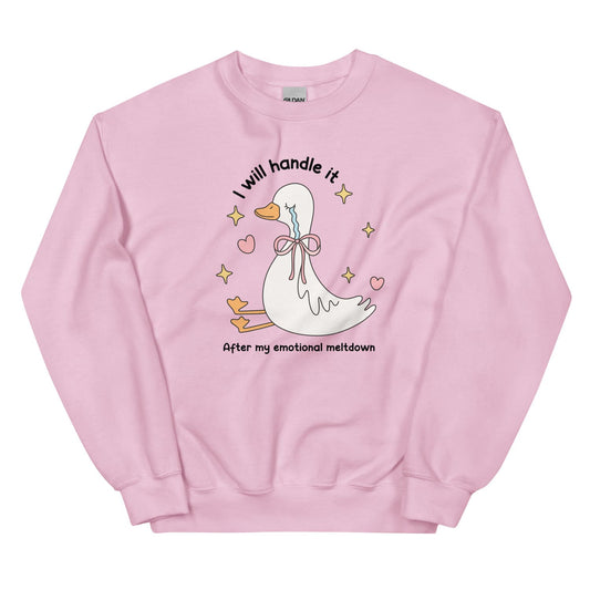 Pink mental health sweatshirt with a cartoon duck and text on a white background