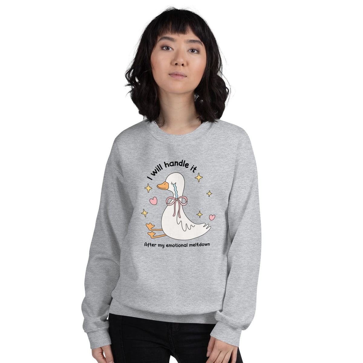 Person wearing a gray mental health sweatshirt with a graphic design and text on a white background