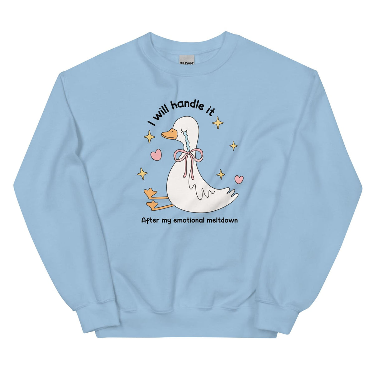 Light blue mental health  sweatshirt with a cartoon duck and text on a white background