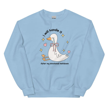 Light blue mental health  sweatshirt with a cartoon duck and text on a white background