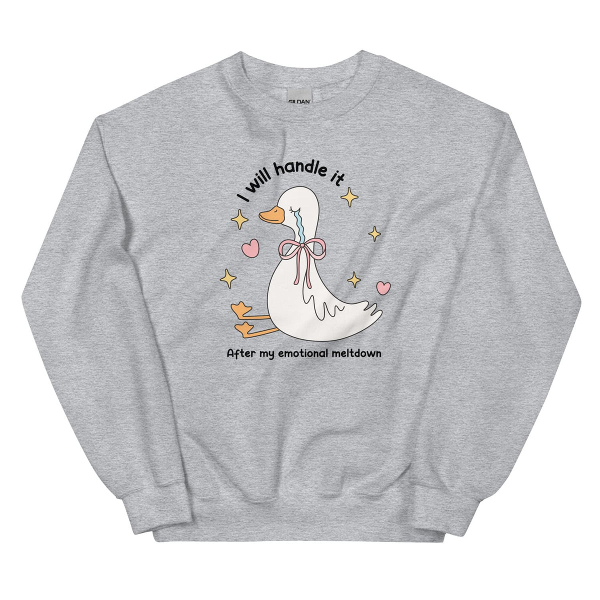 Gray mental health sweatshirt with a cartoon duck and text on a white background