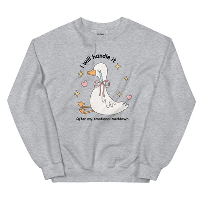 Gray mental health sweatshirt with a cartoon duck and text on a white background