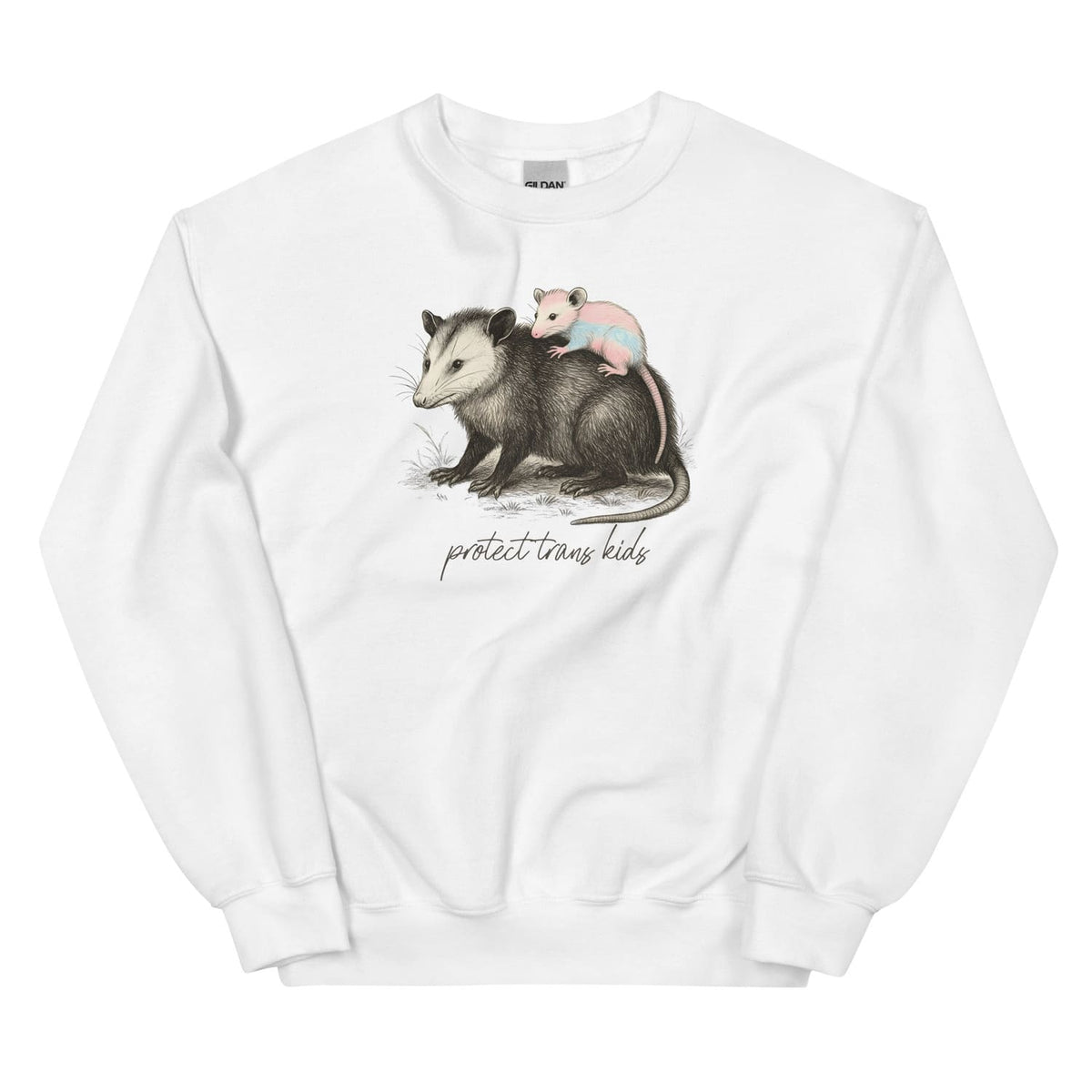 White sweatshirt with an illustration of a possum and baby possum, and text 'protect trans kids'.