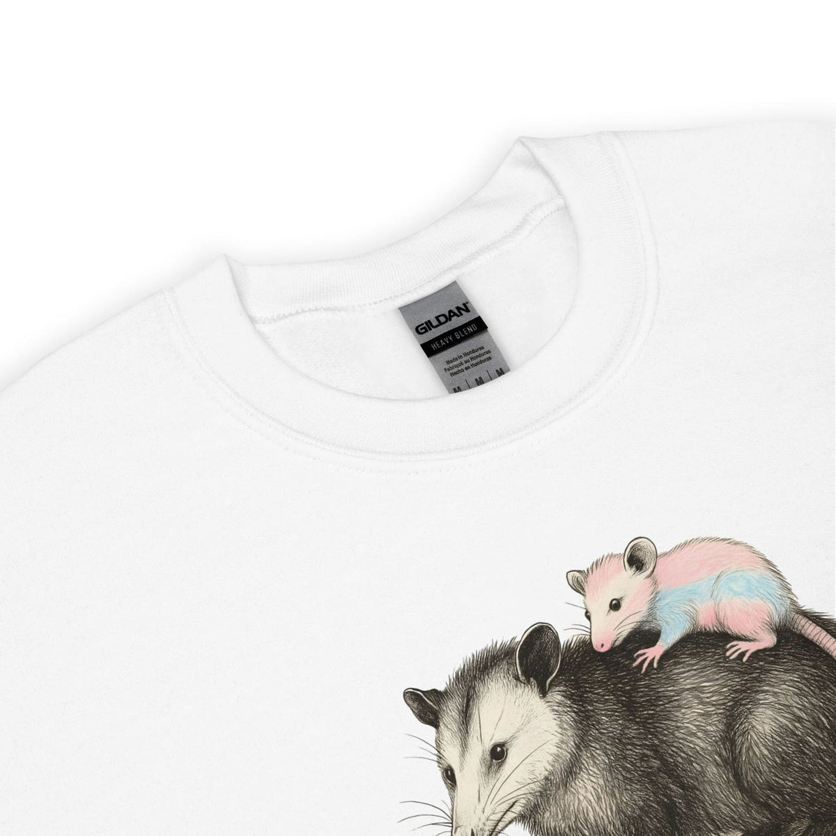 White 'protect trans kids' sweatshirt with a graphic of a possum and a baby possum on a white background