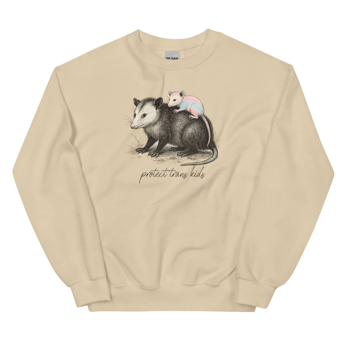 Beige sweatshirt with an illustration of an opossum and baby opossum, and text 'protect trans kids' on a white background.