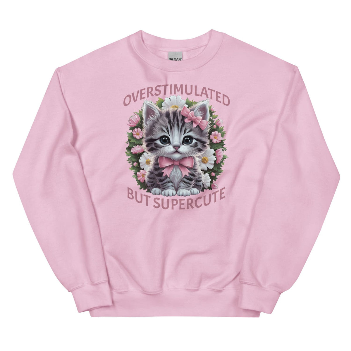 Pink neurospicy sweatshirt with a kitten graphic and text on a white background