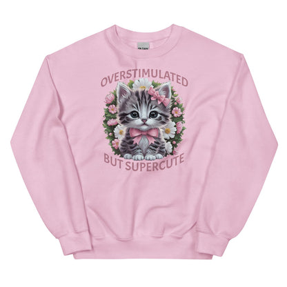 Pink neurospicy sweatshirt with a kitten graphic and text on a white background