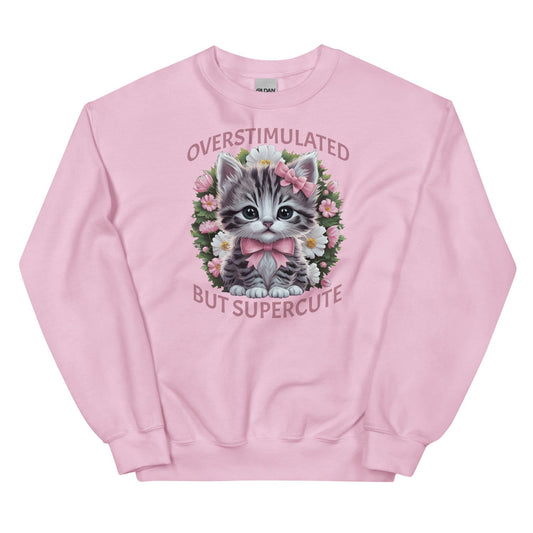 Pink neurospicy sweatshirt with a kitten graphic and text on a white background