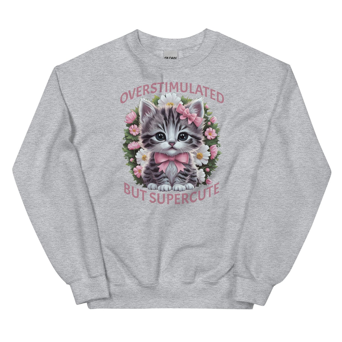 Gray neurospicy sweatshirt with a kitten graphic and text on a white background