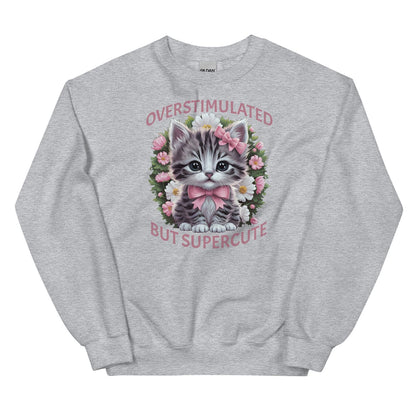 Gray neurospicy sweatshirt with a kitten graphic and text on a white background