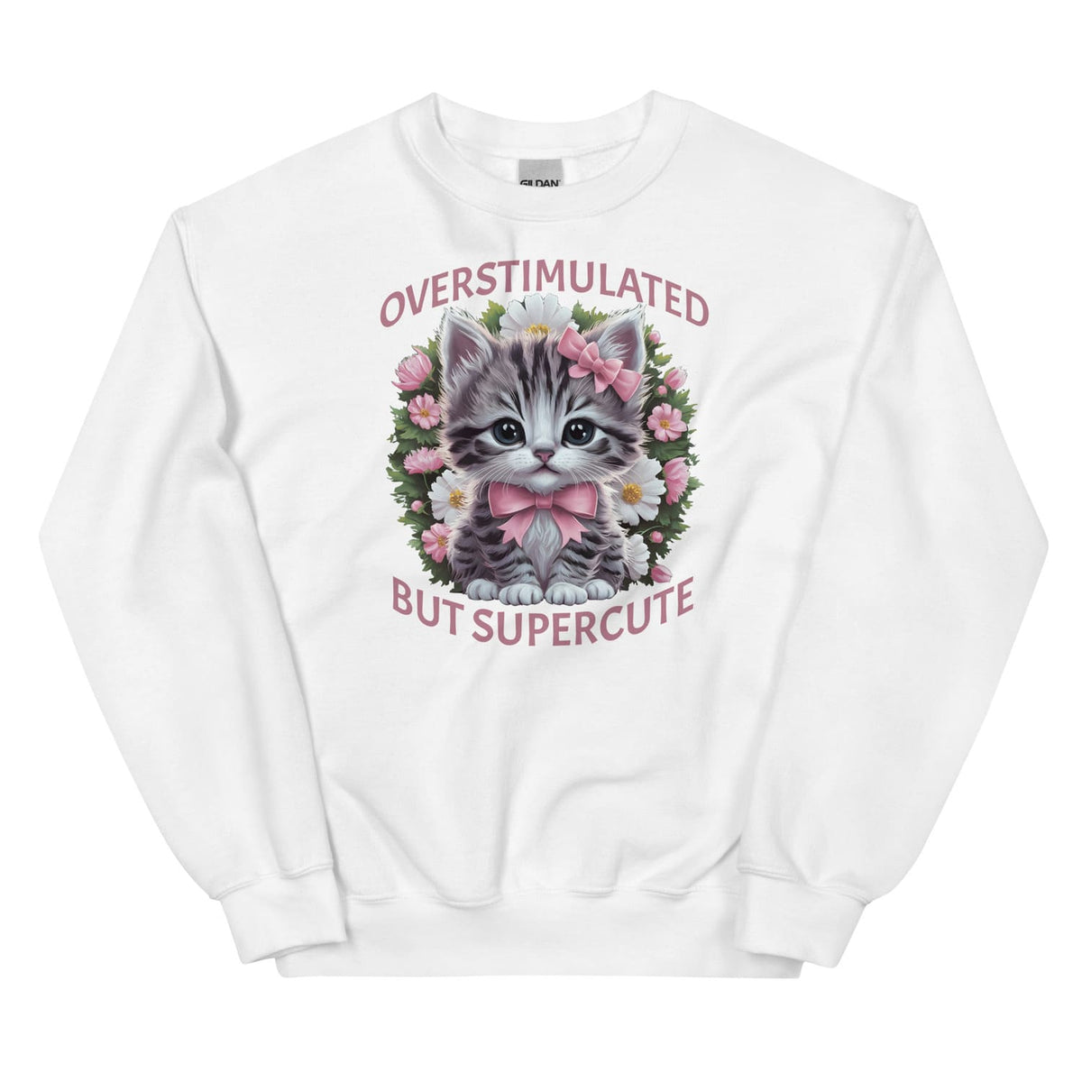White neurospicy sweatshirt with a kitten graphic and text on a white background