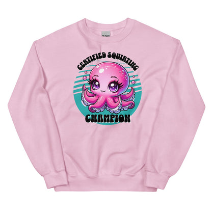 Pink adult humor sweatshirt with a cartoon octopus design and text on a white background