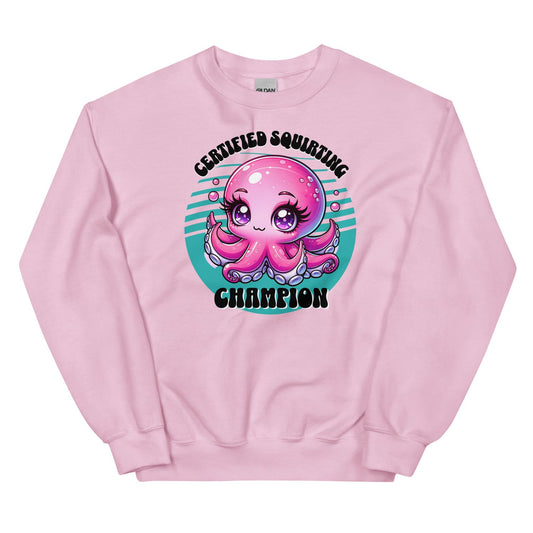 Pink adult humor sweatshirt with a cartoon octopus design and text on a white background