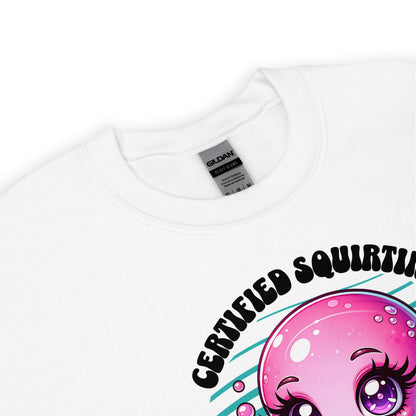 White sweatshirt with a pink cartoon character and adult humor text on a white background