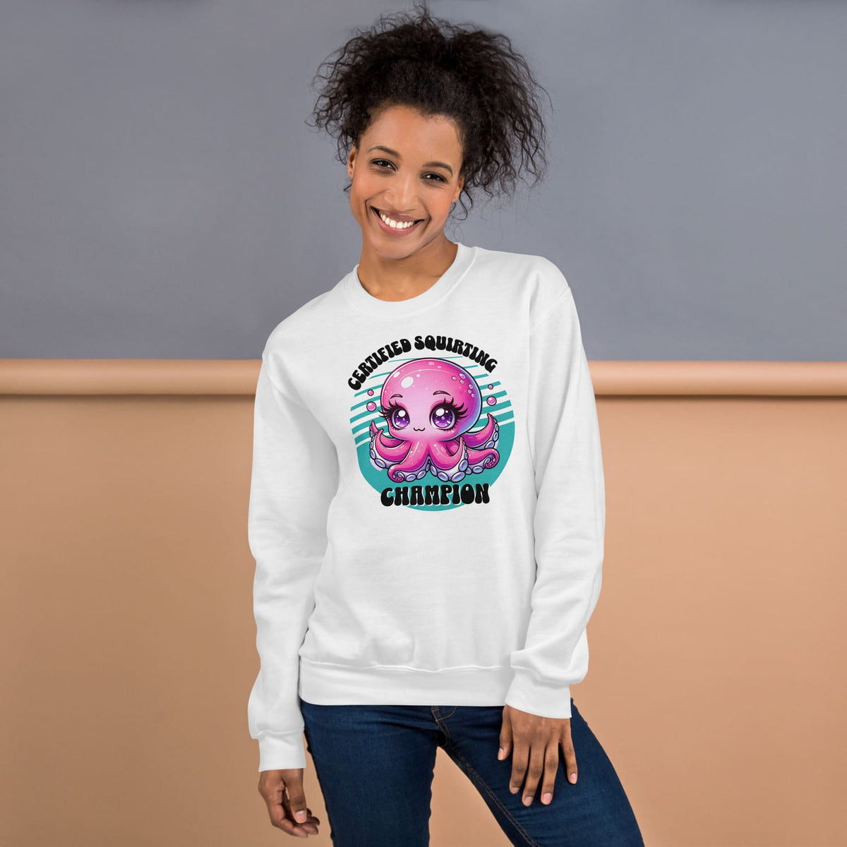 Person wearing a white sweatshirt with a pink octopus adult humor graphic and text.