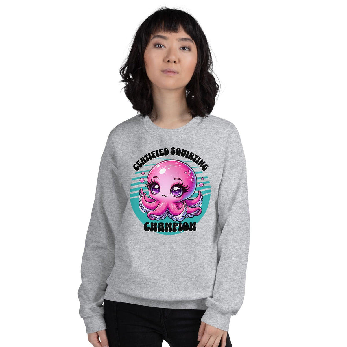 Person wearing a gray sweatshirt with a pink octopus adult humor  graphic and text on a white background