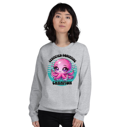 Person wearing a gray sweatshirt with a pink octopus adult humor  graphic and text on a white background