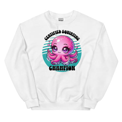 White adult humor sweatshirt with a pink octopus graphic and text on a white background