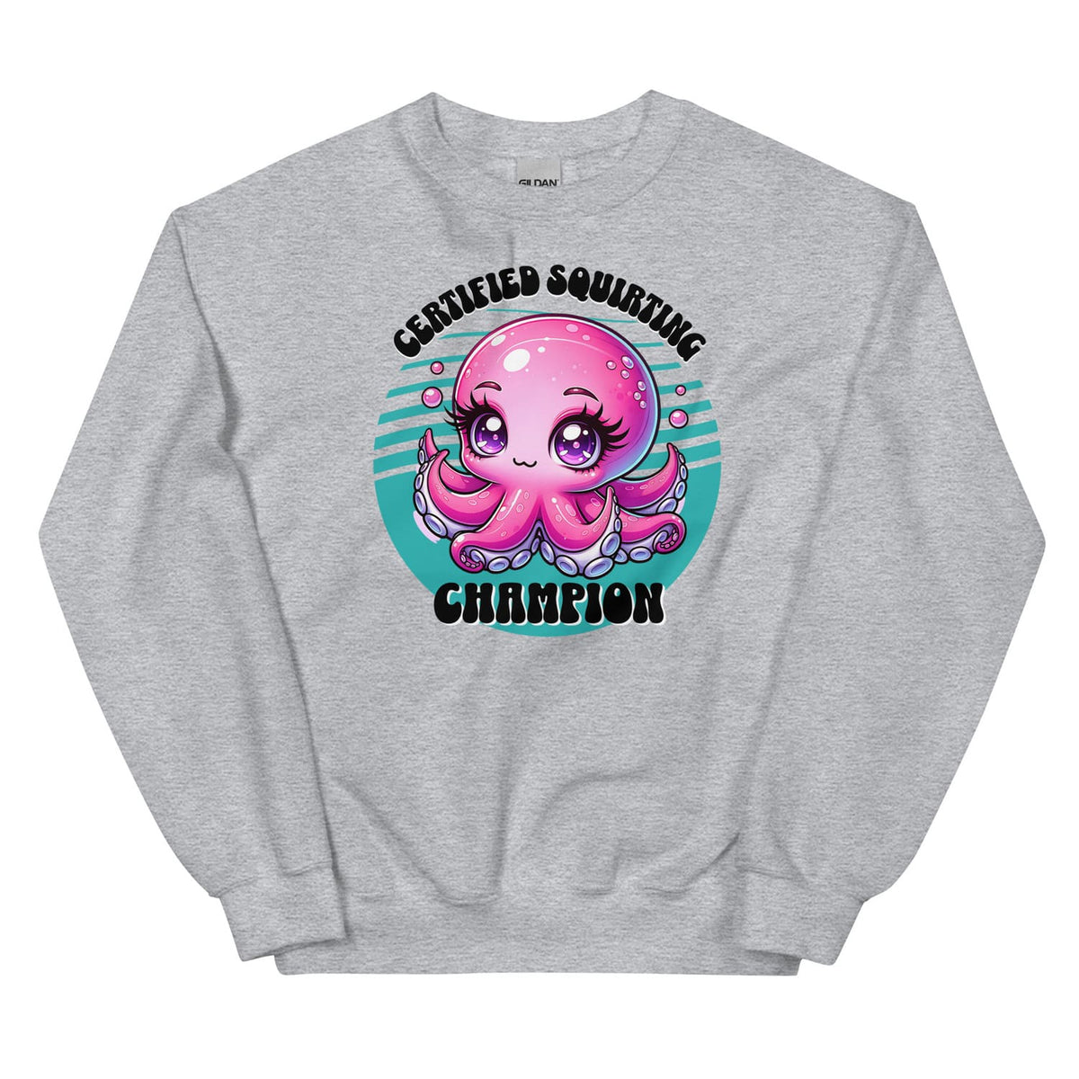 Gray adult humor sweatshirt with a pink octopus graphic and text on a white background