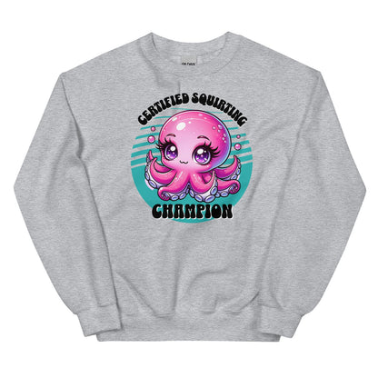 Gray adult humor sweatshirt with a pink octopus graphic and text on a white background