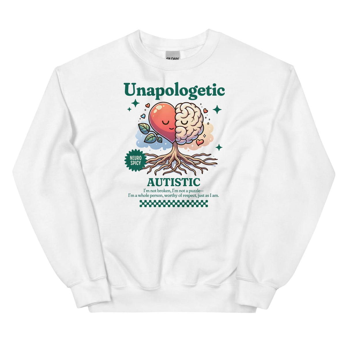 White autism sweatshirt with a colorful graphic and text on a white background