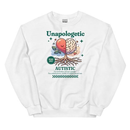 White autism sweatshirt with a colorful graphic and text on a white background