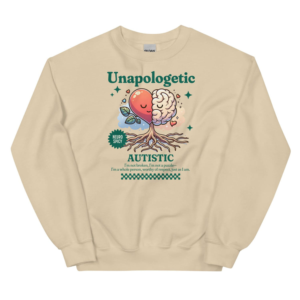 Beige autism sweatshirt with a colorful graphic and text on a white background