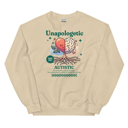 Beige autism sweatshirt with a colorful graphic and text on a white background