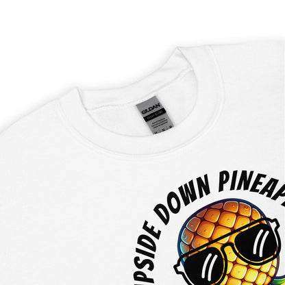 White swingers sweatshirt with 'Upside Down Pineapple' design featuring a pineapple wearing sunglasses on a white background.