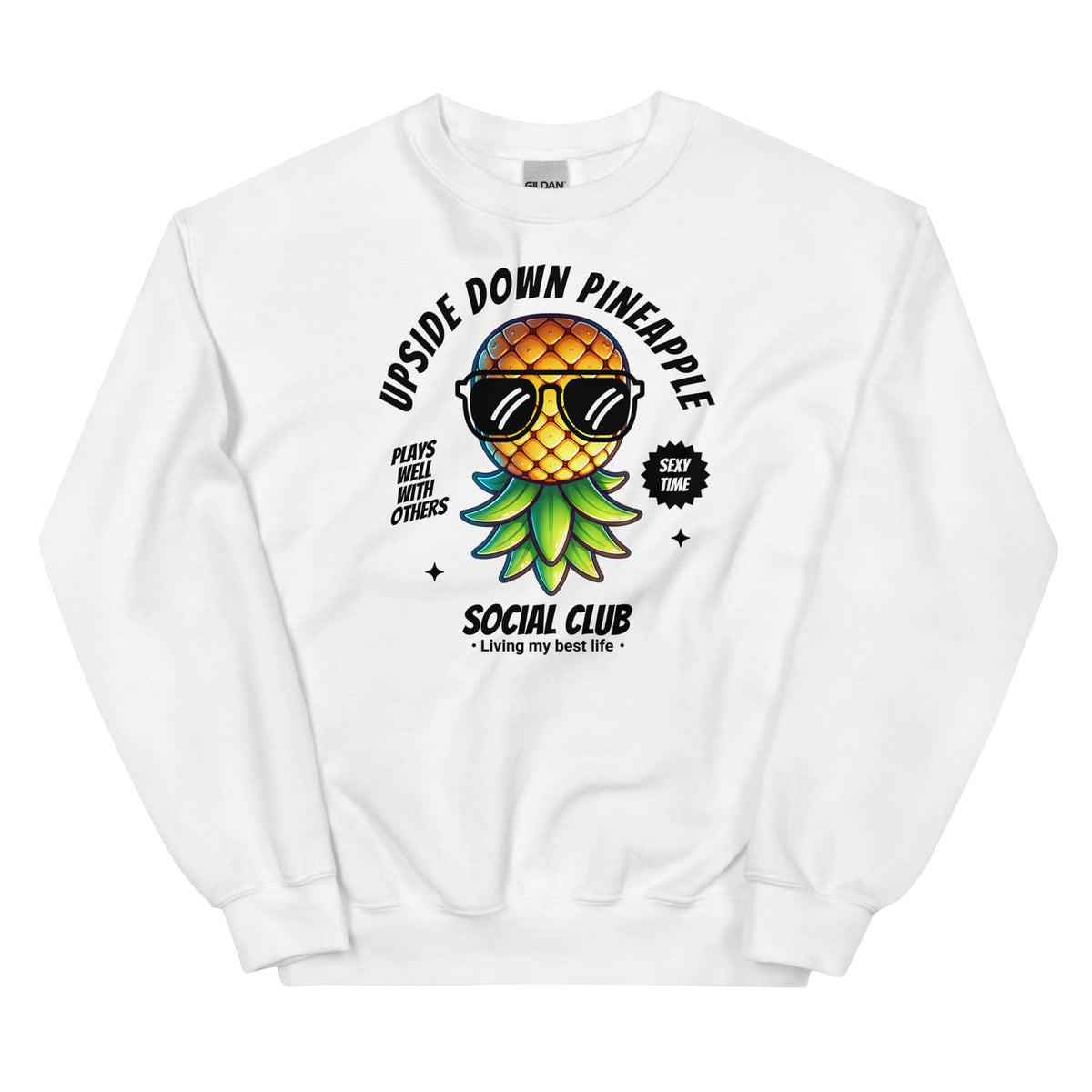 White swingers sweatshirt with an upside down pineapple graphic and text on a white background