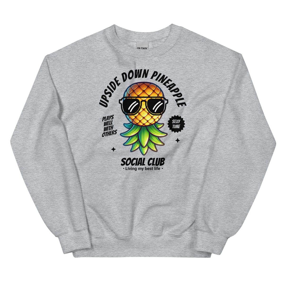 Gray swingers sweatshirt with an upside down pineapple graphic and text on a white background