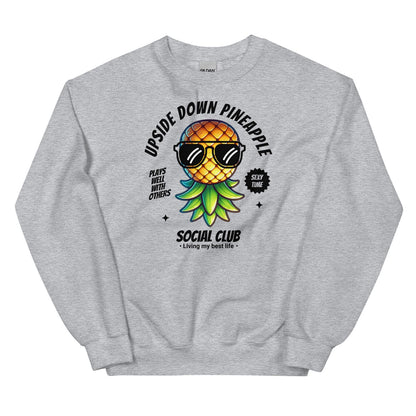 Gray swingers sweatshirt with an upside down pineapple graphic and text on a white background