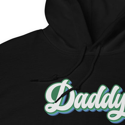 Black MLM gay hoodie with 'Daddy' printed in white and green on a white background