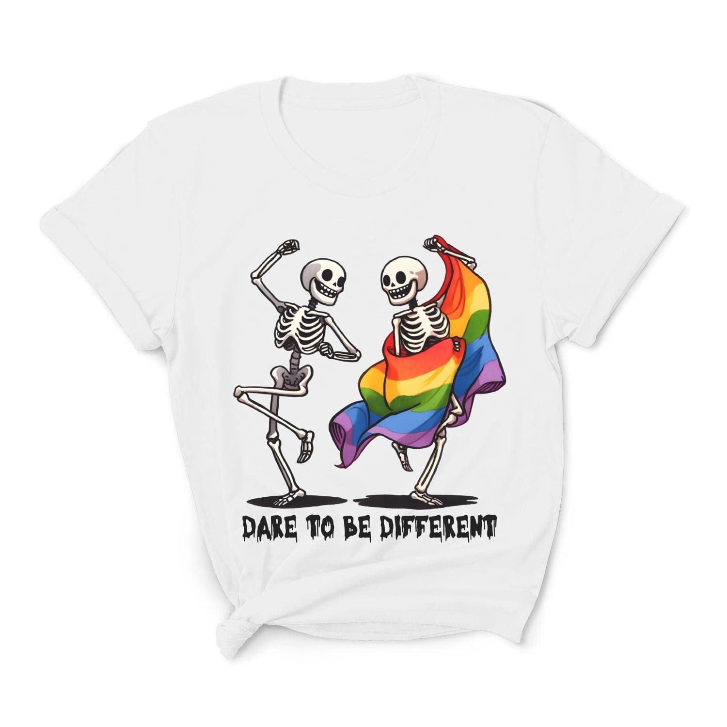 White t-shirt with skeletons holding a rainbow flag and 'Dare to be Different' text on a white background:Dancing Skeletons Pride Shirt, Dare To Be Different LGBTQ Halloween Tee, Rainbow Flag Seasonal T-Shirt, Gay Queer Spooky Gift
