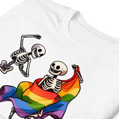 White t-shirt with skeletons holding a rainbow flag design: Dancing Skeletons Pride Shirt, Dare To Be Different LGBTQ Halloween Tee, Rainbow Flag Seasonal T-Shirt, Gay Queer Spooky Gift