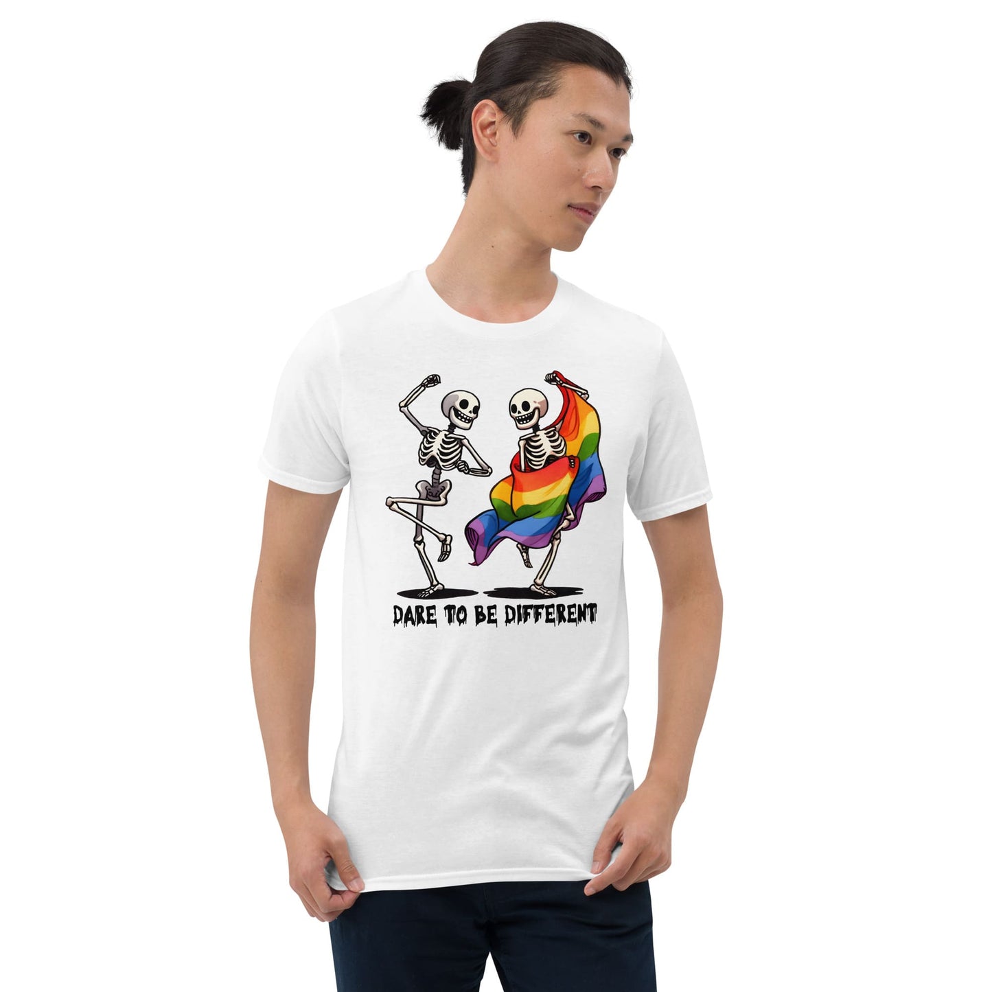 Person wearing a white t-shirt with a skeleton design and rainbow flag, text 'Dare to be different' on a white backgroundDancing Skeletons Pride Shirt, Dare To Be Different LGBTQ Halloween Tee, Rainbow Flag Seasonal T-Shirt, Gay Queer Spooky Gift