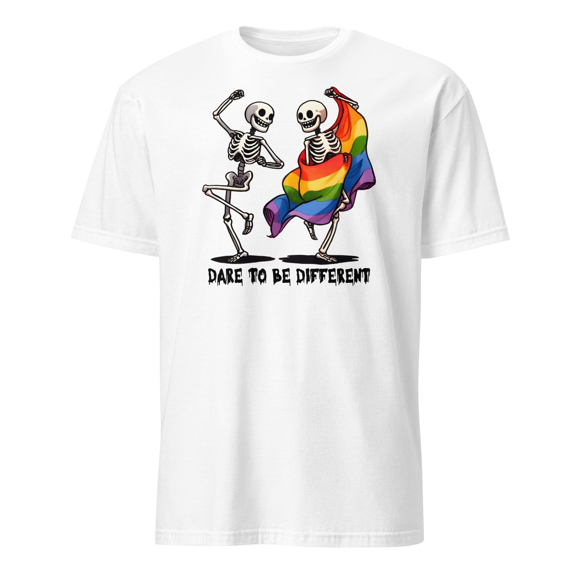 White t-shirt with skeletons dancing, one draped in a rainbow flag, on a white background: Dancing Skeletons Pride Shirt, Dare To Be Different LGBTQ Halloween Tee, Rainbow Flag Seasonal T-Shirt, Gay Queer Spooky Gift