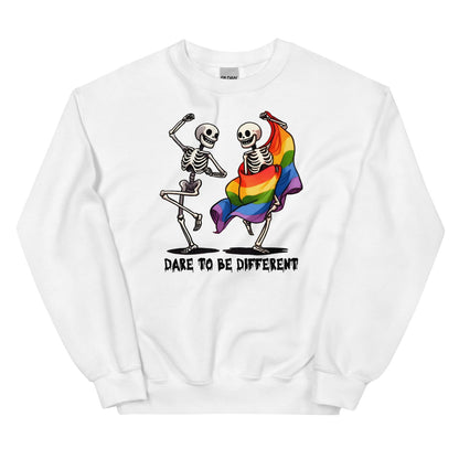 White sweatshirt with skeletons and rainbow lgbtq  flag design on a white background