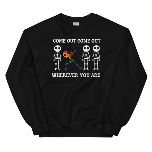 black halloween sweatshirt with lgbtq dancing skeleton