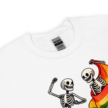 White lgbtq sweatshirt with a skeleton design and Gildan label on a white background