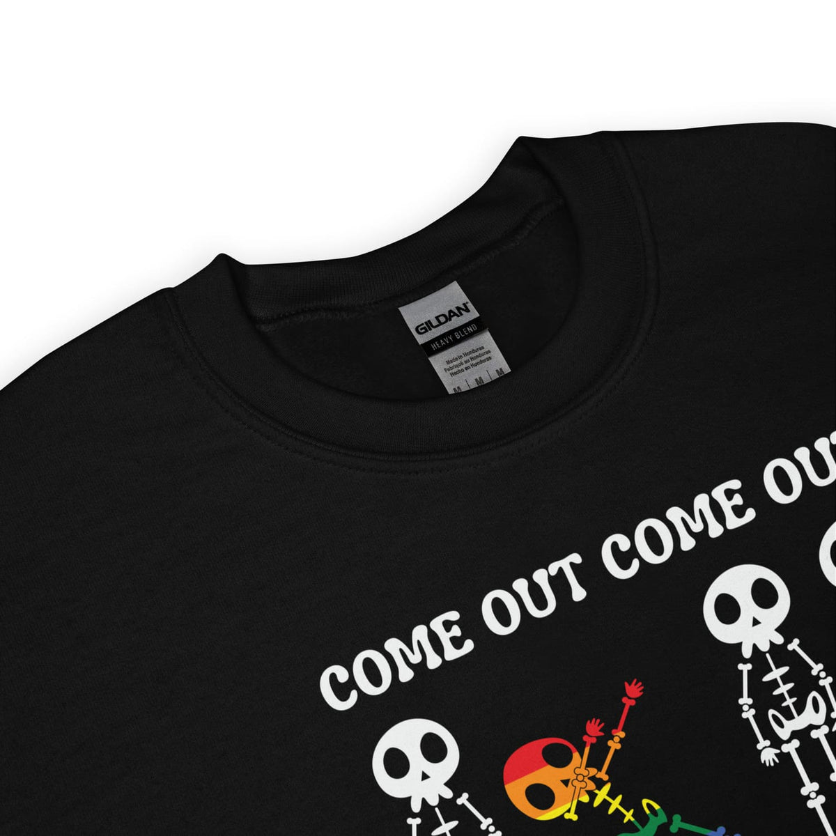 black halloween sweatshirt with lgbtq dancing skeleton, zoom