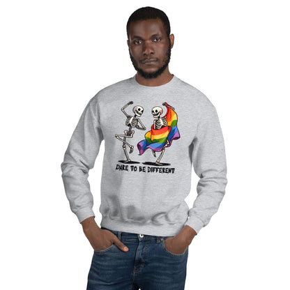 Man wearing a gray lgbtq sweatshirt with a rainbow flag and skeleton design on a white background