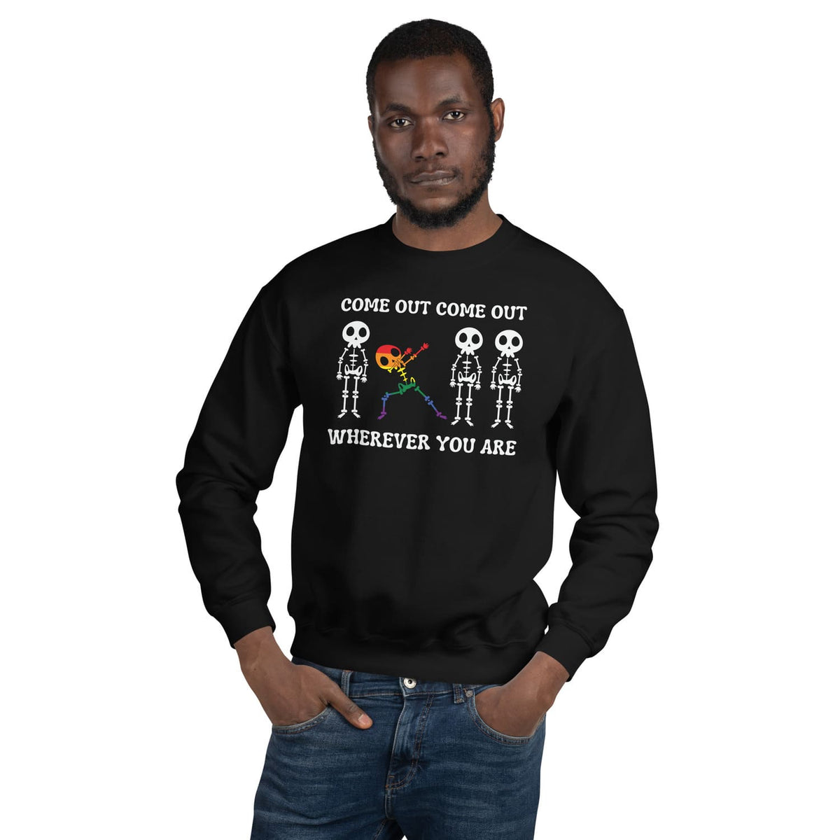 man wearing black halloween sweatshirt with lgbtq dancing skeleton