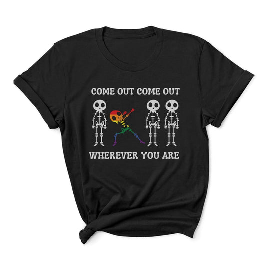 Black lgbtq pride t-shirt with skeleton design and text on a white background