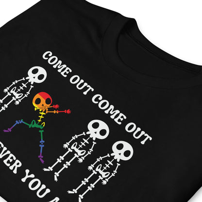 Black t-shirt with lgbtq pride skeleton design and text on a white background