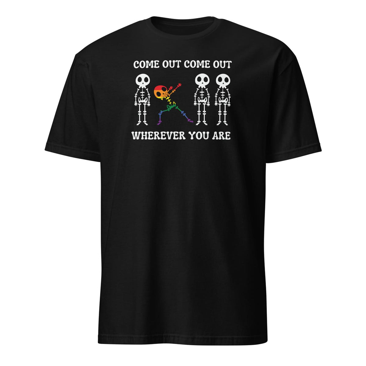 Black t-shirt with lgbtq pride skeleton design and text on a white background