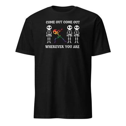 Black t-shirt with lgbtq pride skeleton design and text on a white background