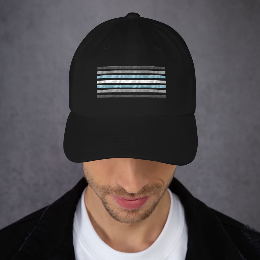 demiboy hat, demigender pride flag embroidered cap, model front