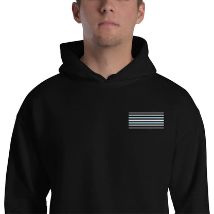 demiboy hoodie, subtle demigender pride flag embroidered pocket design hooded sweatshirt, model 2