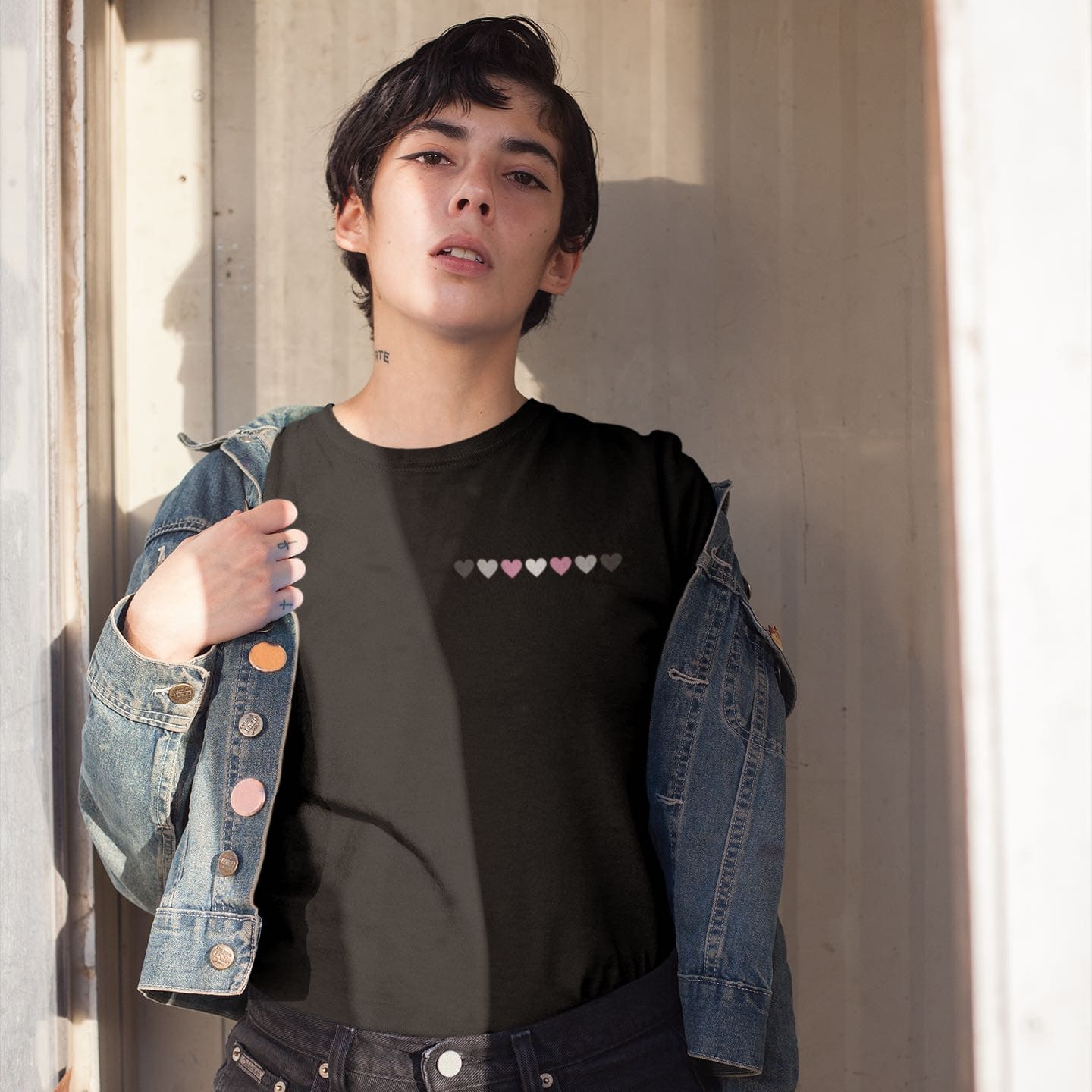 demigirl shirt, subtle demigender pride pocket design tee, in use